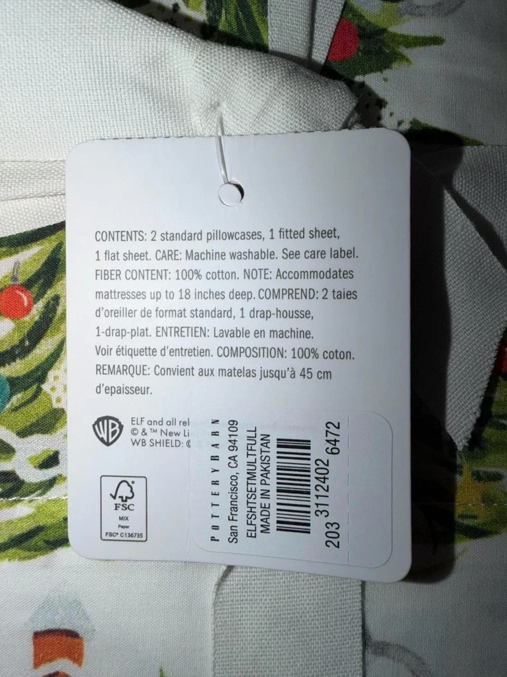 NWT Pottery Barn White FULL size Holiday Tree & Elf Print Sheet Set